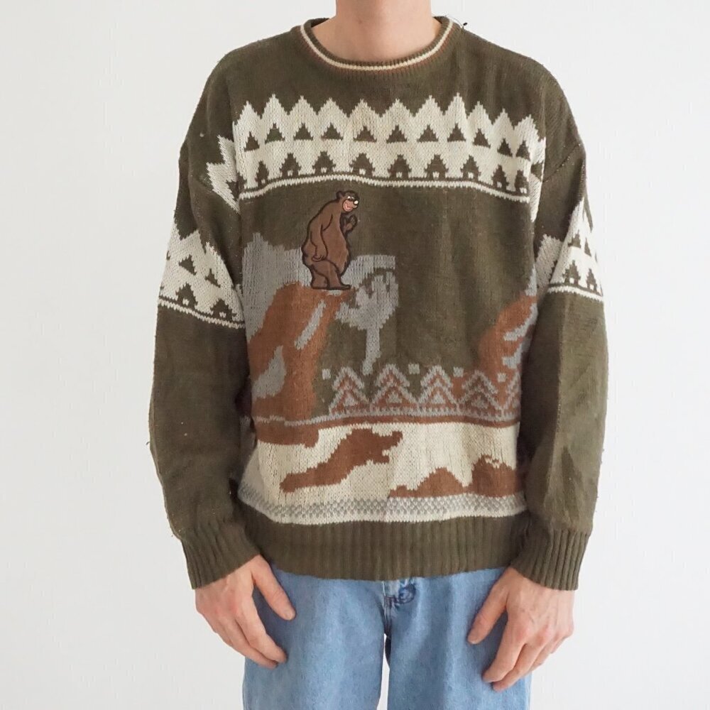VTG Olive Green Bear Wildlife Fair Isle Graphic Outdoor Knit Crewneck Sweater XL